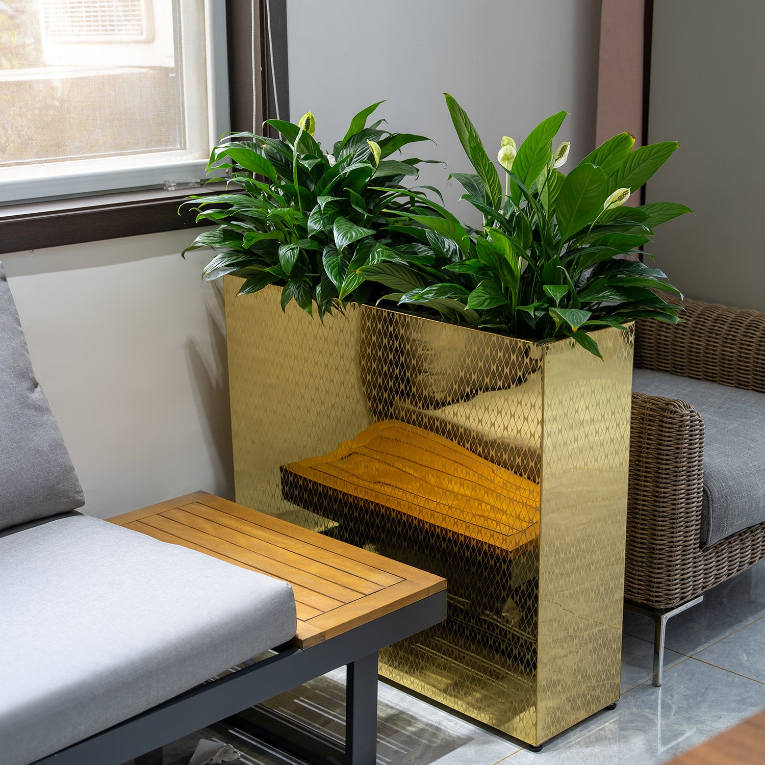 Large_rectangular_mirrored_golden_planter_pots_for_lounge_area