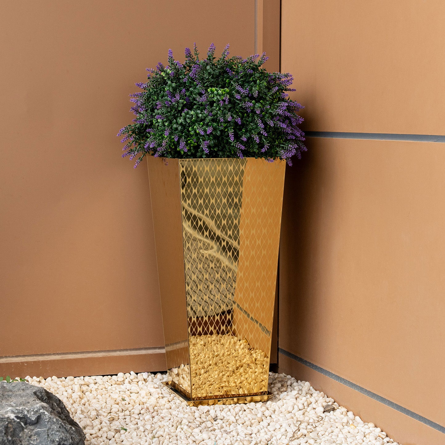 Luxury Tall Tapered Stainless Steel Mirrored Textured Decorative Planter 24H