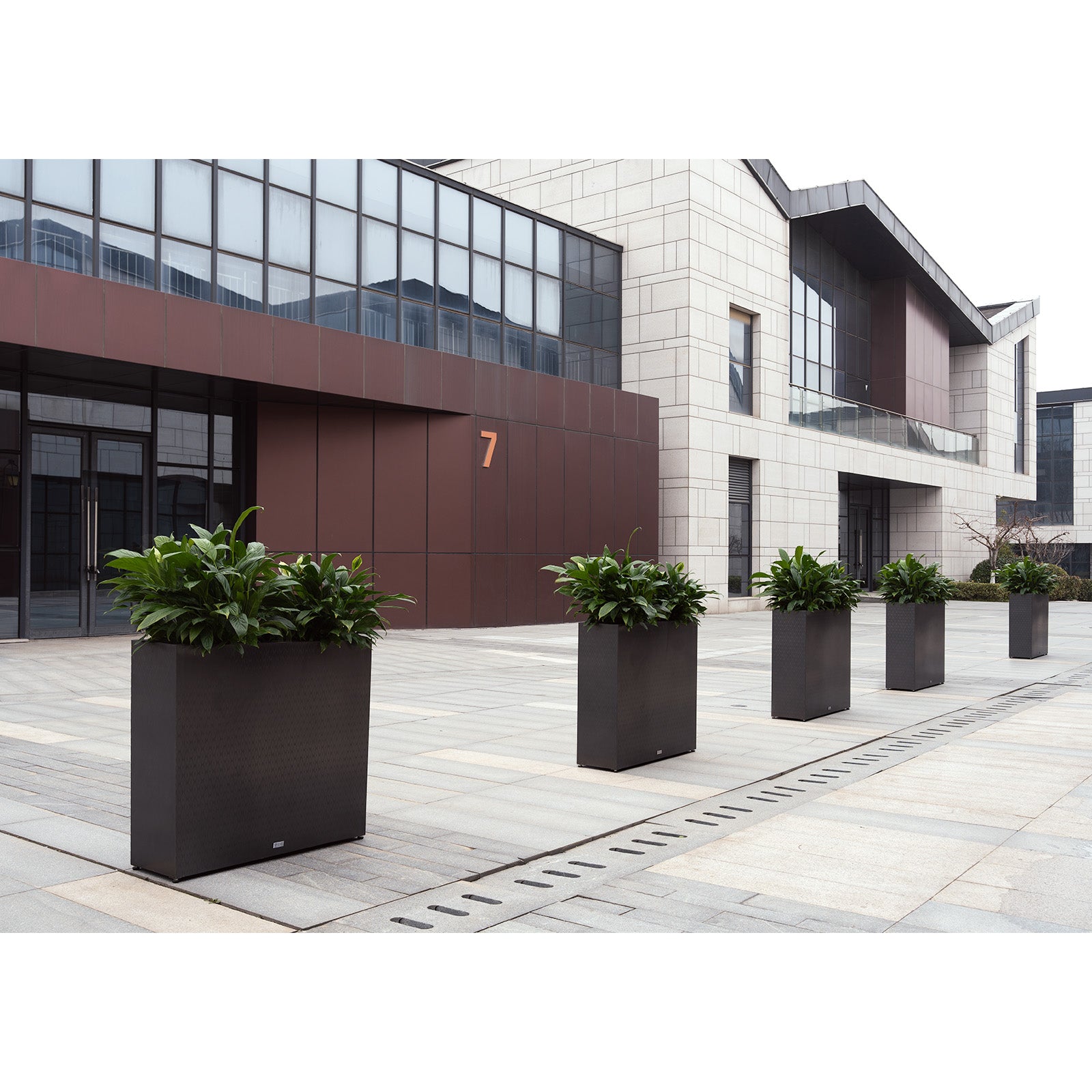 Modern_building_exterior_with_large_rectangular_mirrored_black_planter
