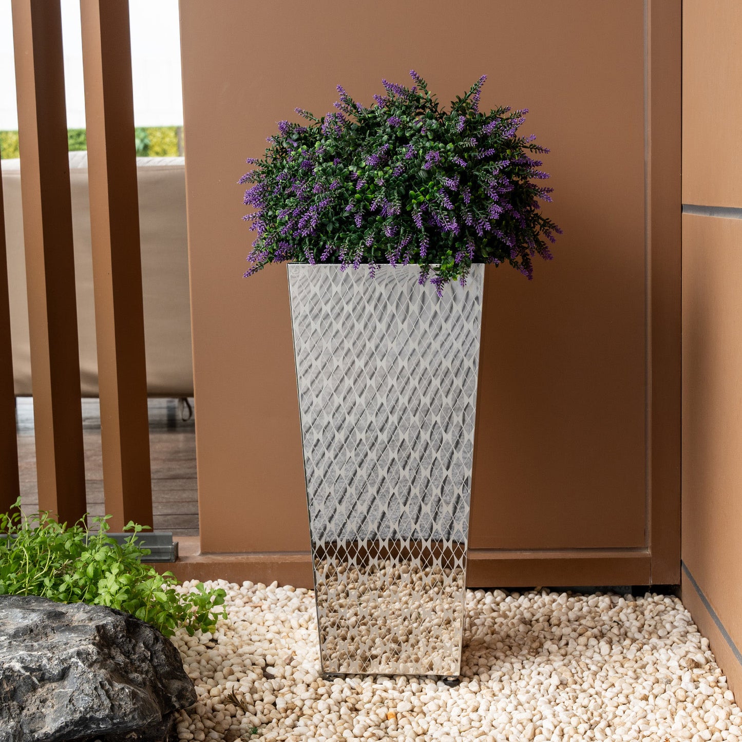 Luxury Tall Tapered Stainless Steel Mirrored Textured Decorative Planter 24H