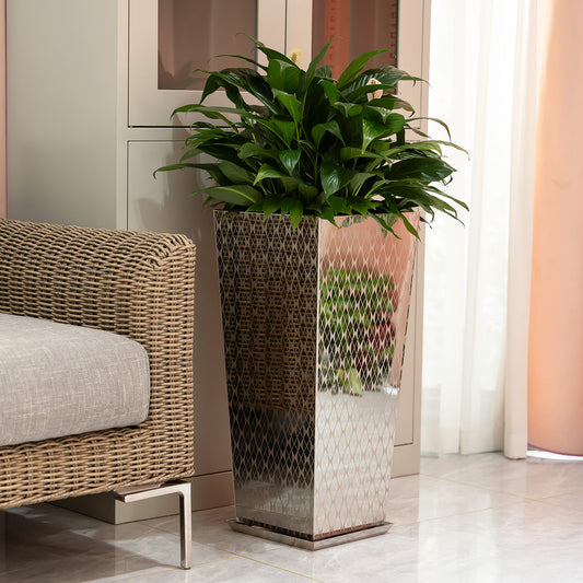 Luxury Tall Tapered Stainless Steel Mirrored Textured Decorative Planter 24H