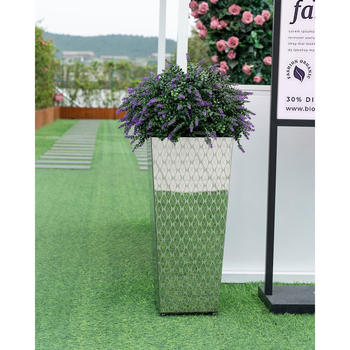 Luxury Tall Tapered Stainless Steel Mirrored Textured Decorative Planter 24H