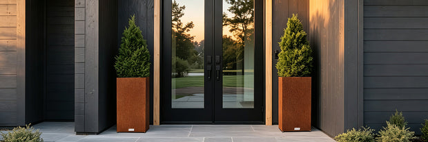 Two CYC tall pedestal corten planters with conical green shrubs, placed on either side of black double doors in a modern house entryway at sunset.