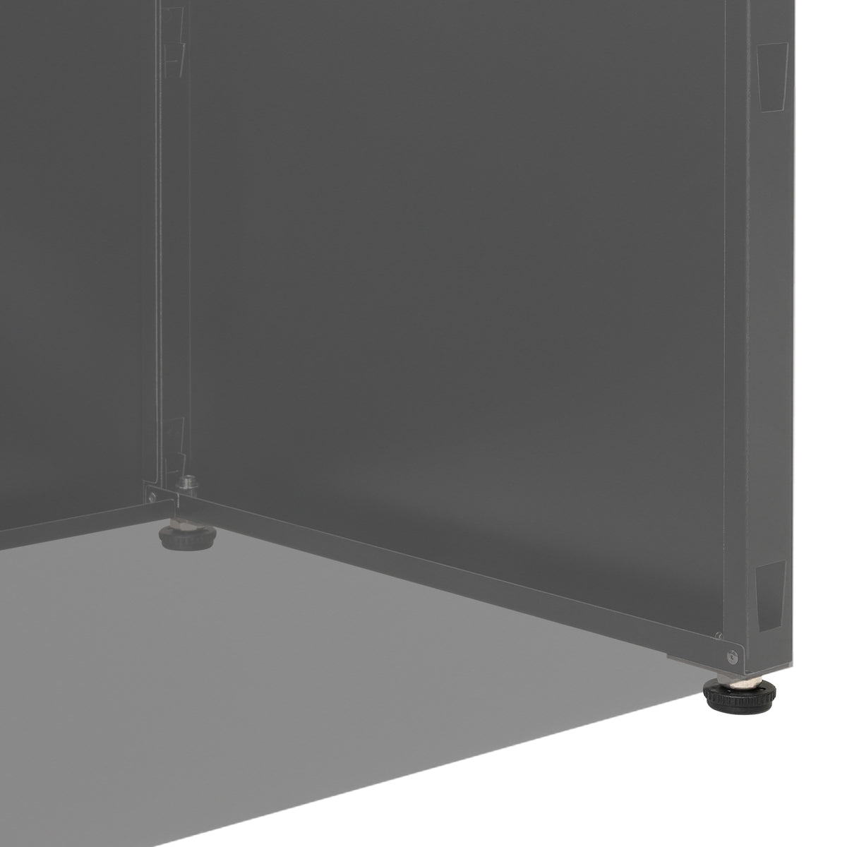 Close-up of adjustable leveling feet beneath the lower frame of a black metal planter.