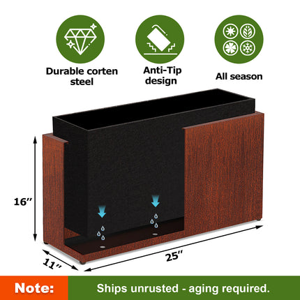 Large Corten Steel Planter Box, 16" Height, No-Screw Quick Assembly
