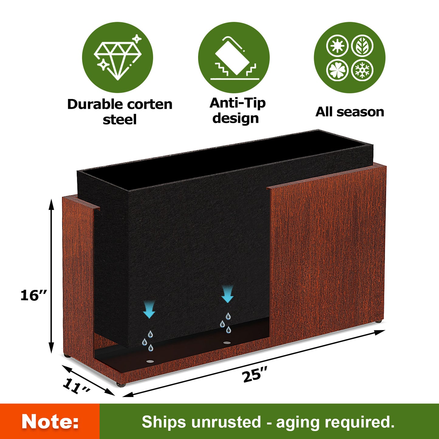 Corten Steel Large Long Rectangular Planter 25"H * 16"W * 11"D