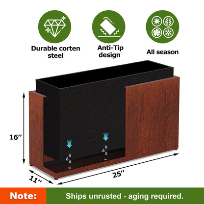 Corten Steel Large Long Rectangular Planter 25"H * 16"W * 11"D