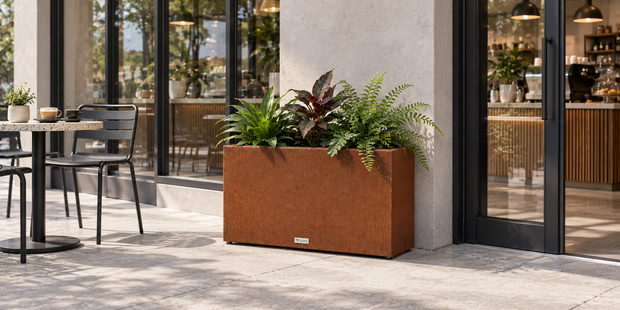 A rectangular CYC corten planter box filled with green and burgundy foliage, placed on a concrete patio outside a modern cafe with glass doors and tables.