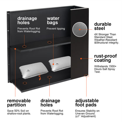 features diagram of Large Black Metal Planter Box