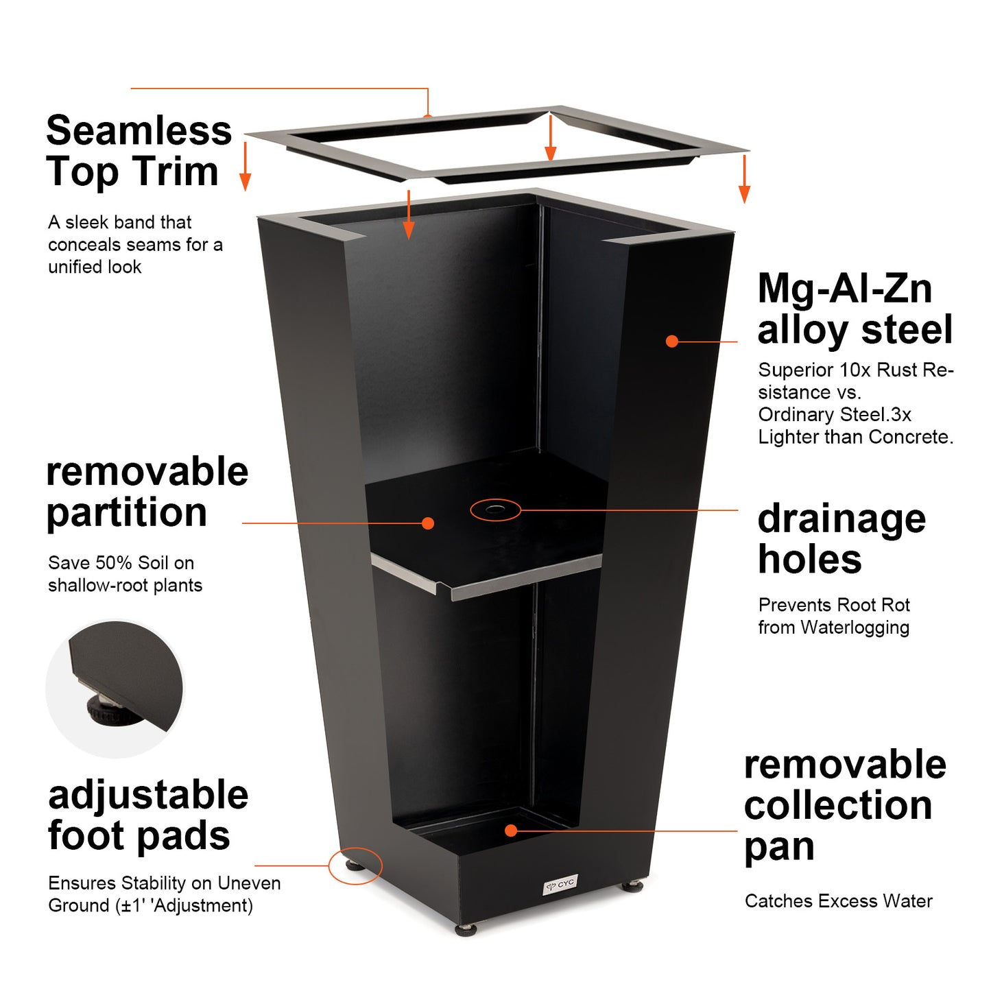 Tall Tapered Mg-Al-Zn Coated Steel Light Planter 30"H, No-Screw Quick Assembly