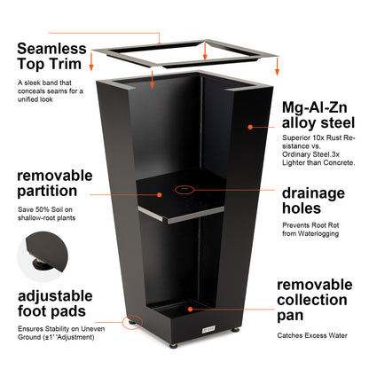 Tall Tapered Mg-Al-Zn Coated Steel Light Planter 30"H, No-Screw Quick Assembly