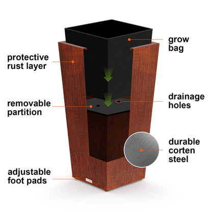 features_diagram_of_the_tall_tapered_corten_steel_planter