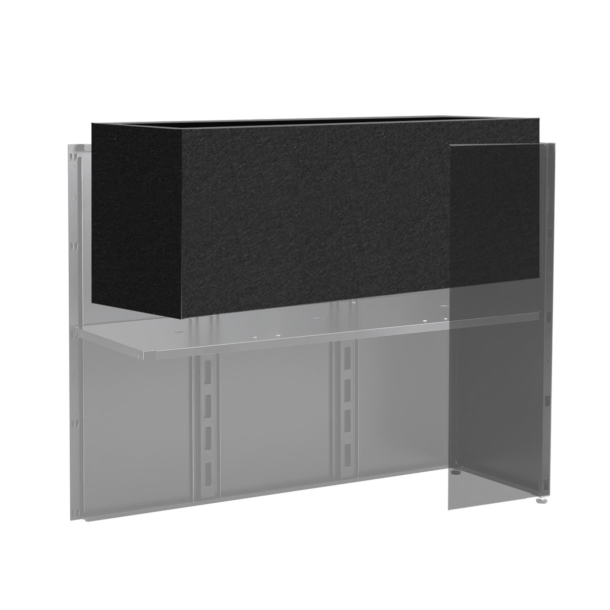 Cutaway illustration showing a black rectangular grow bag positioned inside the upper section of a metal planter.