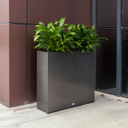 large_rectangular_mirrored_black_planter_beside_exterior_wall
