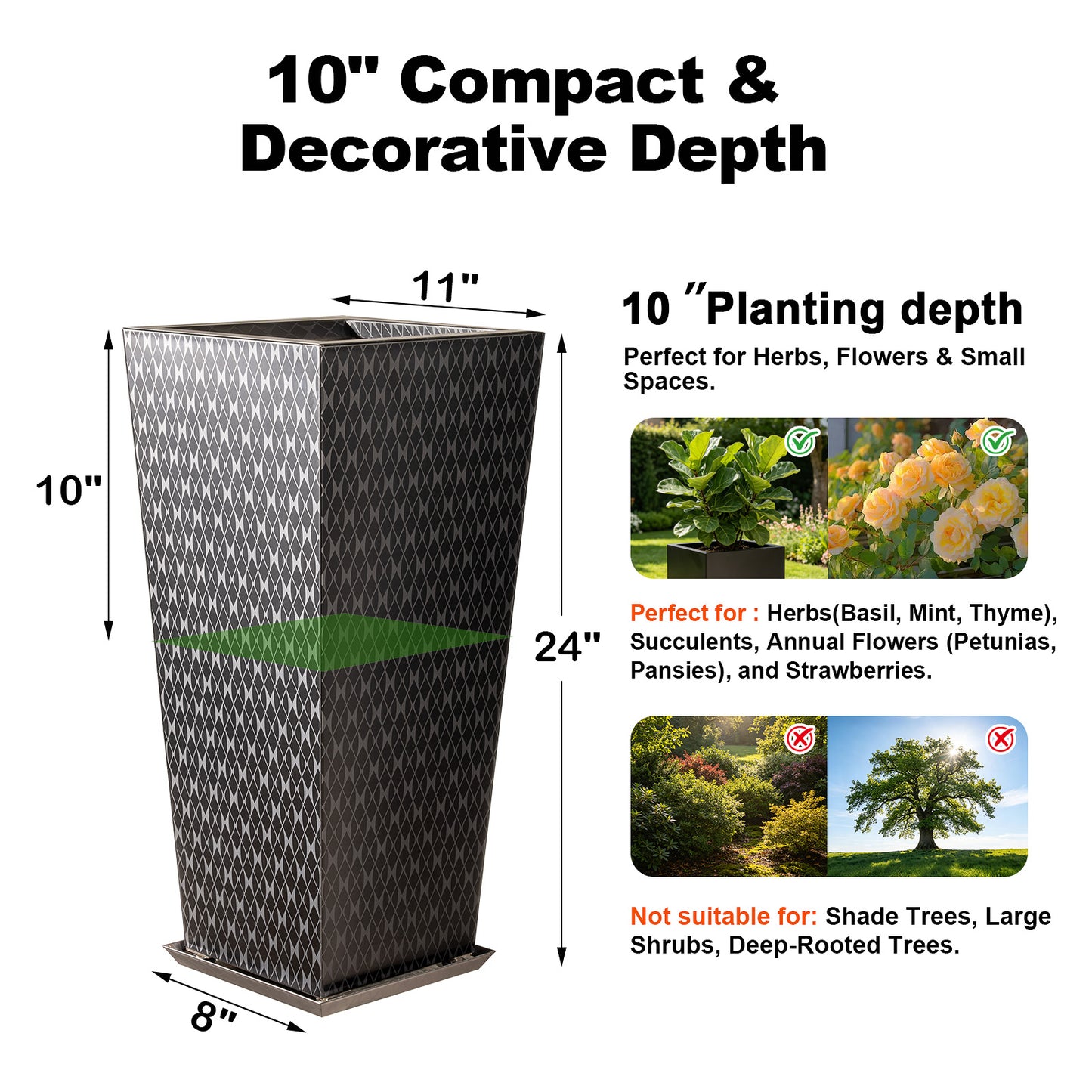 planting depth ofTapered Stainless Steel Mirrored Textured Decorative Planter black