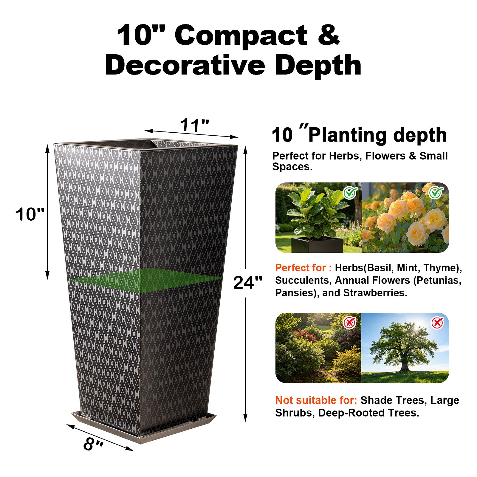 planting depth ofTapered Stainless Steel Mirrored Textured Decorative Planter black