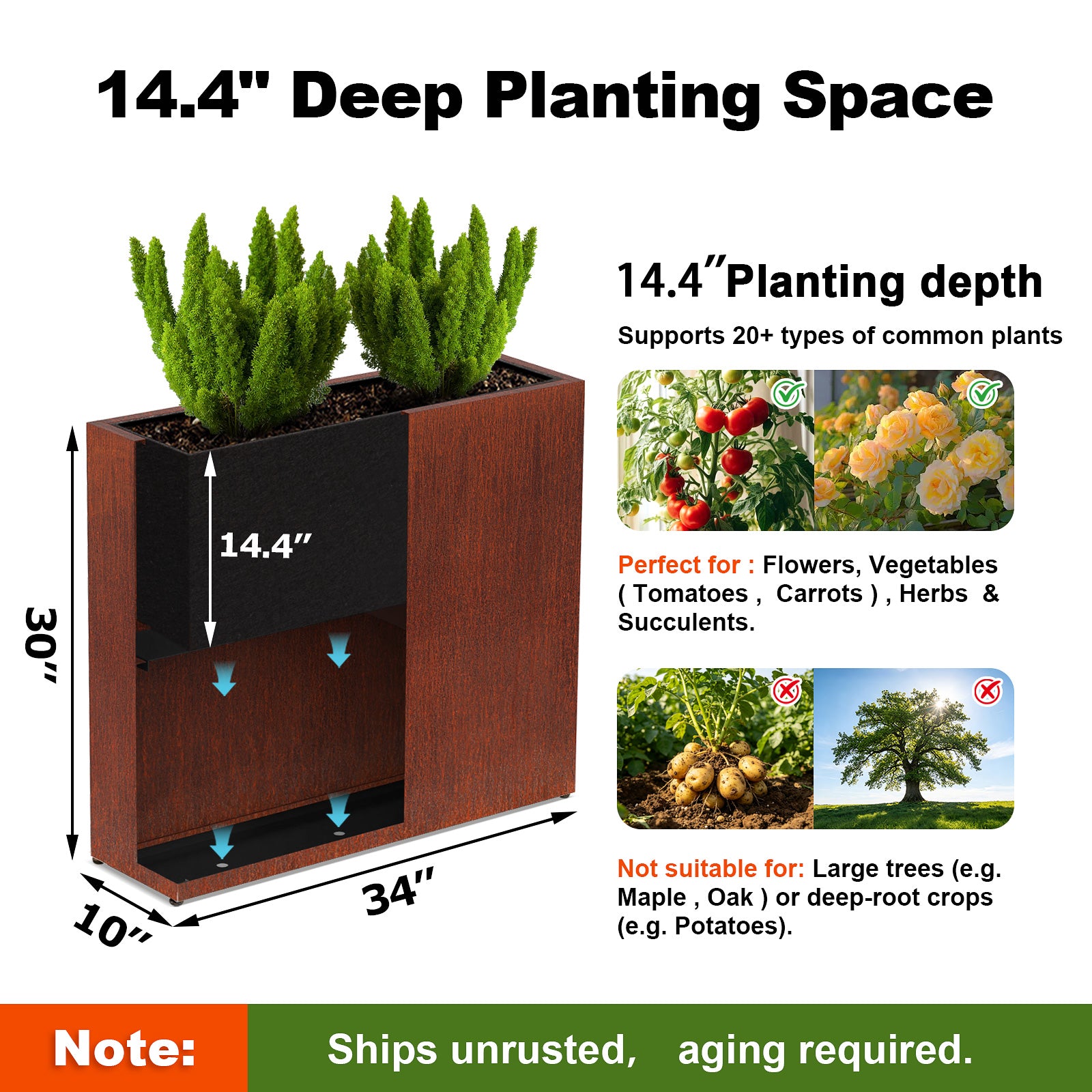 planting depth of Large Corten Steel Planter Box