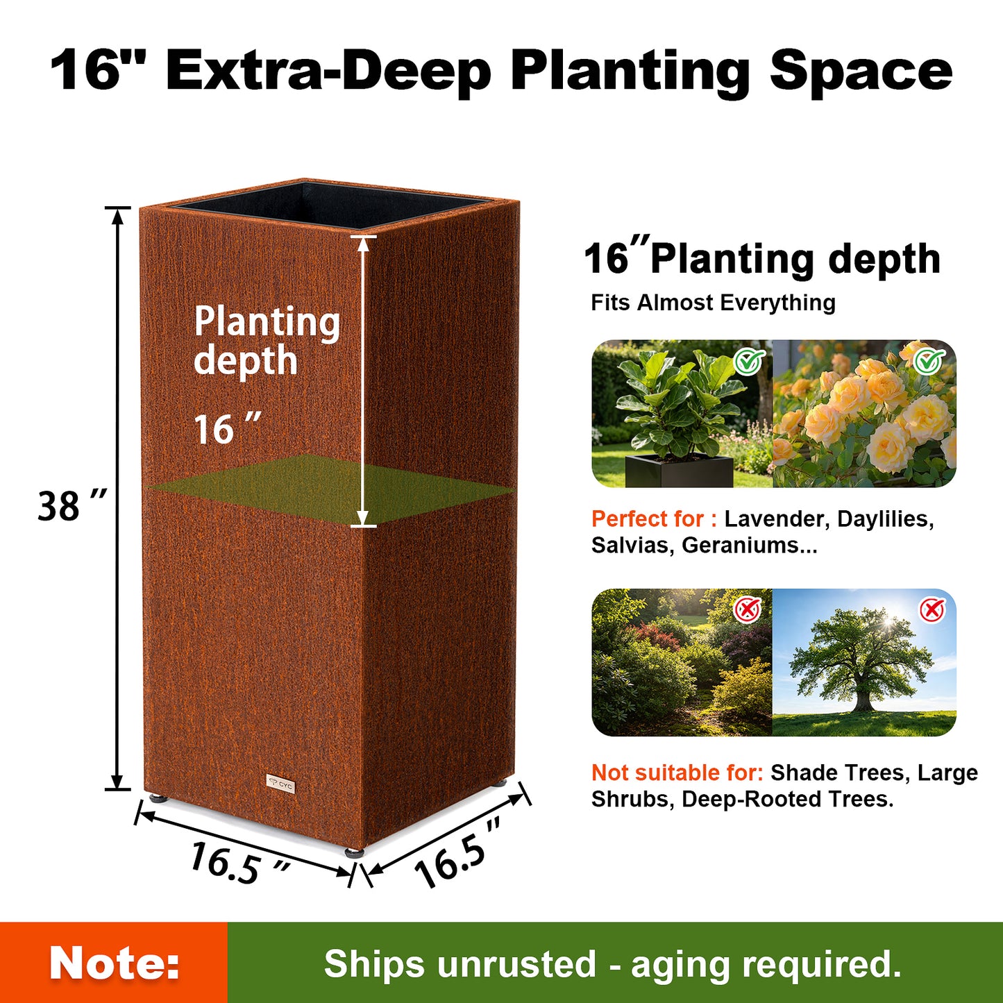 planting depth of Tall Square Corten Steel Planter Box