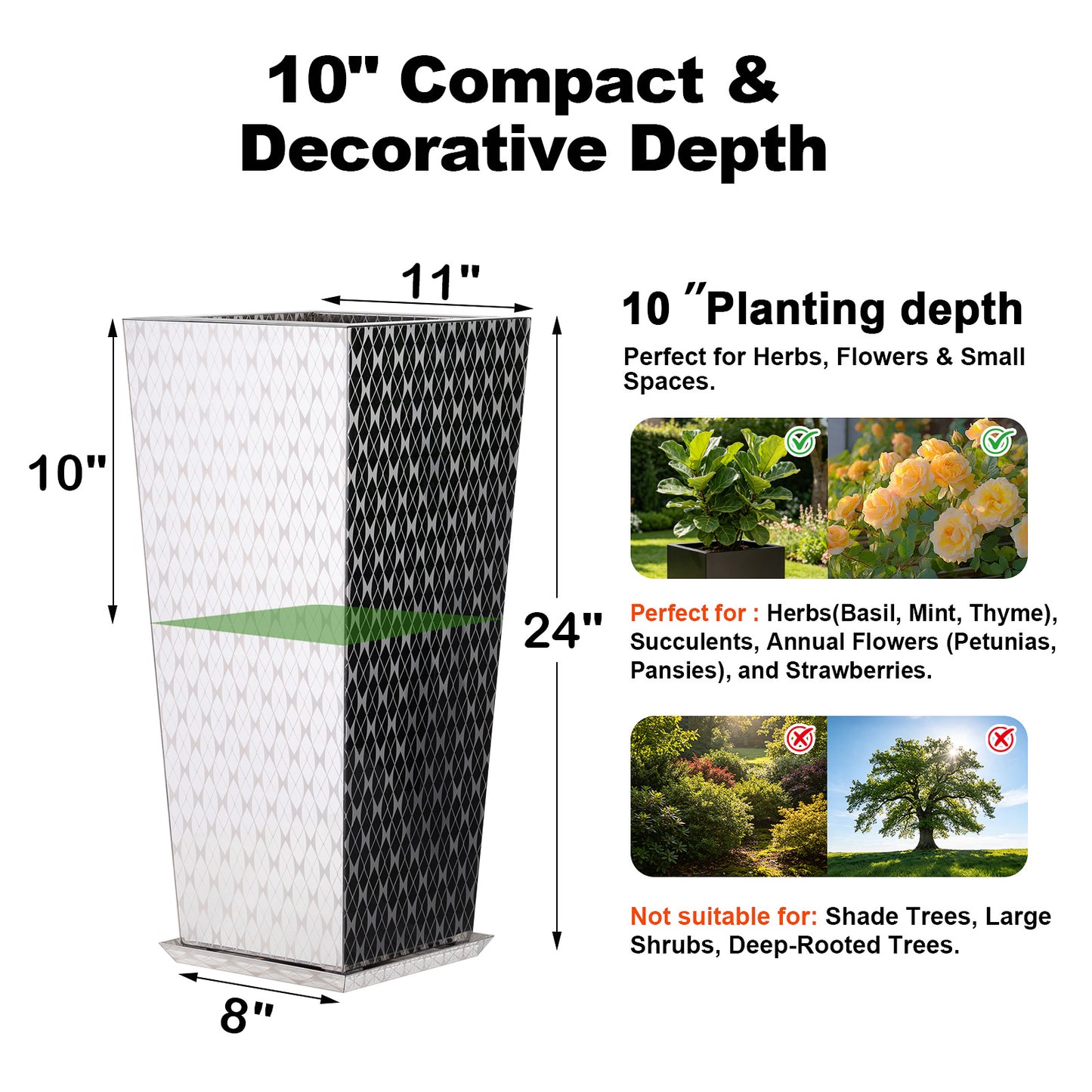 planting depth of Tapered Stainless Steel Mirrored Textured Decorative Planter