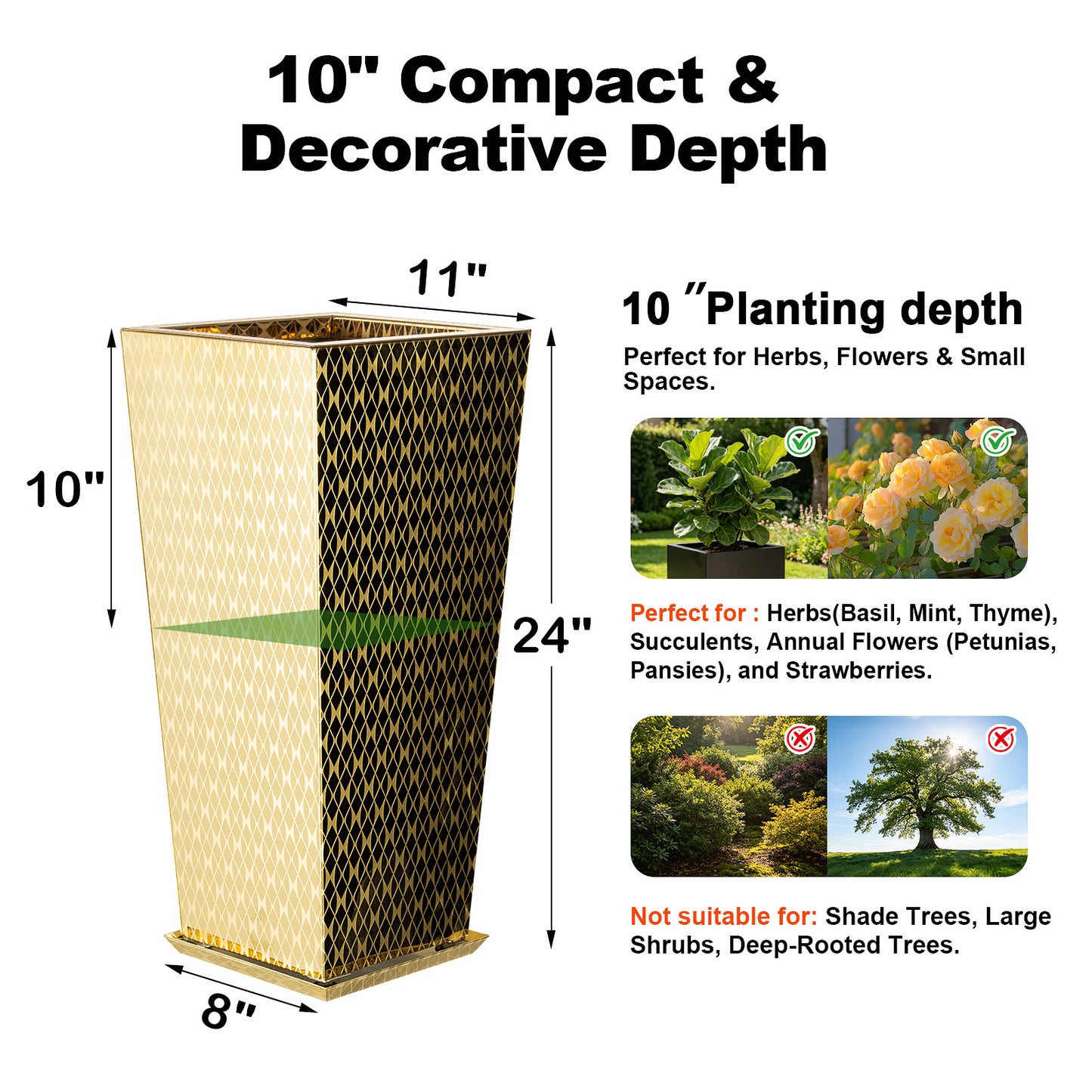 planting depth of Tapered Stainless Steel Mirrored Textured Decorative Planter golden
